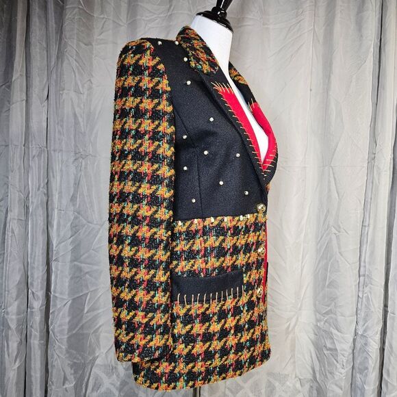 Adam Douglass Adrianna Papell Red Black Color Block Tweed Button Front Blazer - Picture 11 of 14